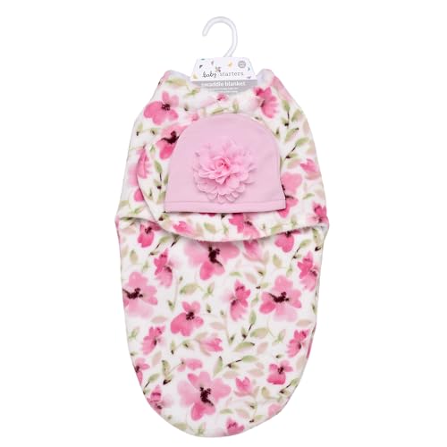 Sleep Bundle Ultra Soft 2 Ply Plush Swaddle Blanket with Novelty Hat for Baby, 2 Piece Set, Pink Floral Print, 0-3M