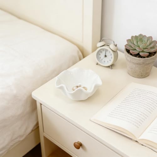 White Flower Jewelry Dish Tray, 3.85″ Lotus Ceramic Ring Holder, Cute Vanity Organizer Nightstand Bathroom Decor, Trinket Plate Dish Christmas Valentine's Mother's Day Birthday Gifts for Women (Plain) - view 5