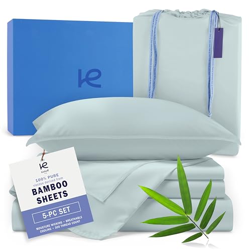 Kickoff Viscose Bamboo Sheets Split King Size 5-pc 100% Organic Bamboo Viscose Bed Cooling Sheets Split King Size Set Cool Bedding for hot Sleepers Sheet Set - Gift Ready Packaging (Coastal Blue, SK)