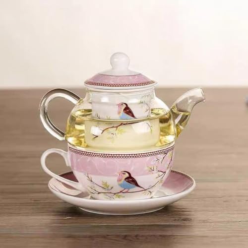 Tea for One Set, Glass Teapot with Porcelain Infuser Strainer and Cup & Saucer- Happy Bird Pattern (Pink) - view 7