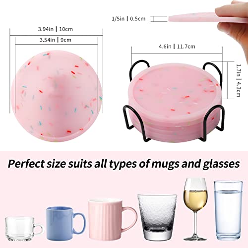 Silicone Coasters with Holder, Cute Drink Coaster for Nightstand, Glow in Dark, Gift Idea,Cup Coaster for Drinks, Desk Coasters in Office，Sprinkle Coaster, Rubber Coaster Set, 6 pcs, Pink - view 2