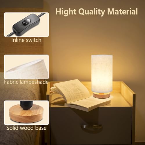 Small Bedside Table Lamp for Bedroom set of 2,Minimalist Wood Base & Round Fabric Shade,Mini Cute Cozy Warm Nightstand Boho Lamp set, Study Desk Night Stand Light for Room, Dorm,Nursery,Living Room - view 6