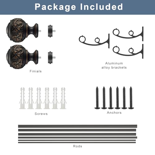 Double Curtain Rod, 1 inch Window Telescoping Drapery Double Rod 144 to 164 Inches (12-13.6 Feet), Classical Ball Finials,Premium Aluminum Brackets,Matte Black - view 6