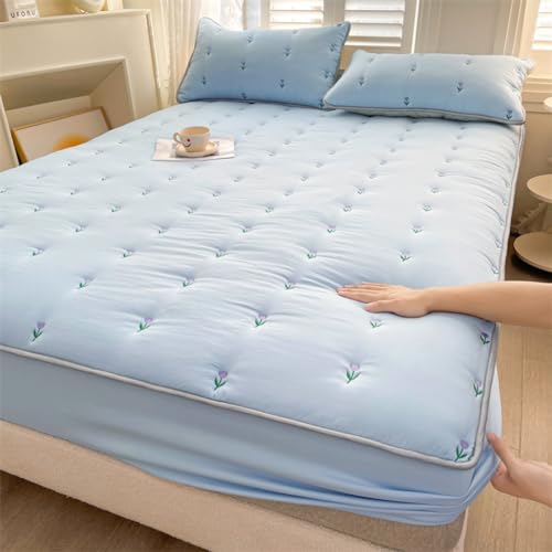 Mattress Cover Fitted Sheet Thickened Cotton Mattress Cover Protector Soft Comfortable Warm Non-Slip Breathable Mattress Topper 360°All-Around Package All-Inclusive for Bedroom,King Size