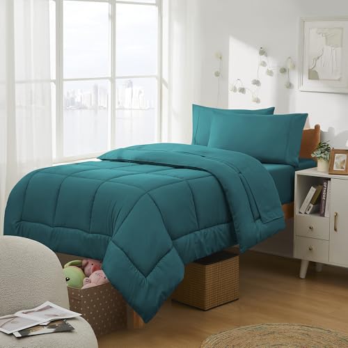 Dorm Room Essentials College Bedding Comforter Set 5 Piece Twin XL Size Bed in a Bag for College Students Boys and Girls, Twin XL, Teal