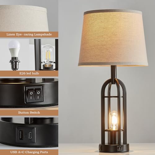 24" Farmhouse Table Lamps for Living Room Bedroom Set of 2, USB A+C - view 5