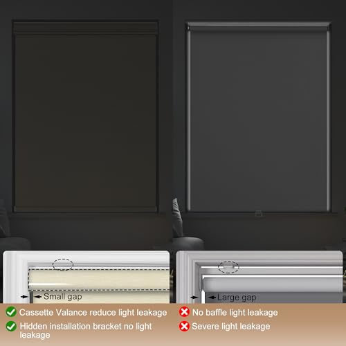 Blackout Roller Shades for Windows,Free-Stop Cordless Roller Blinds with Cassette Valance,Striped Jacquard Window Shades for Bedroom,Thermal Insulated Fabric,Beige,45.5" W x 76" H - view 4