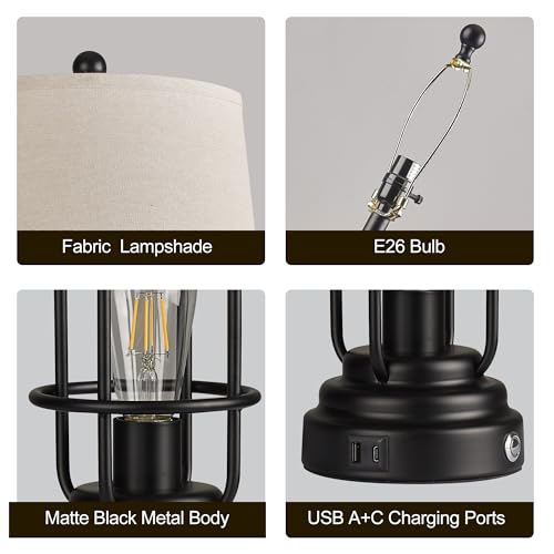 Table Lamp Set of 2 with USB Ports, 28" Tall Farmhouse Table Lamp with 2 Nightlight Bulbs,Touch Control Table Lamps for Bedroom, Rustic Bedside Lamp for End Tables,Bulbs Included,Black - view 6