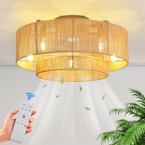 Boho Ceiling Fans with Lights: 20 inch Fandelier Low Profile Ceiling Fans with Remote Control, 5 Blades 6 Speeds DC Reversible E12 5 Light Flush Mount Rattan Ceiling Light Fixtures for Bedroom