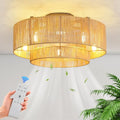 Boho Ceiling Fans with Lights: 20 inch Fandelier Low Profile Ceiling Fans with Remote Control, 5 Blades 6 Speeds DC Reversible E12 5 Light Flush Mount Rattan Ceiling Light Fixtures for Bedroom