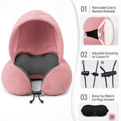 Travel Neck pillow for Airplane, with Large Hood Eye Mask Earplug and Bag - view 6