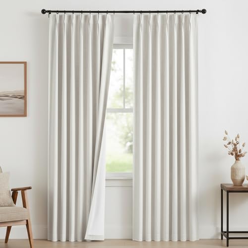 Pleated 100% Blackout Linen Curtains for Bedroom Living Room, Memory Trained Thermal Insulated Room Darkening Window Pleat Drapes with Hooks, 2 Panels (White, 40" W x 108" L (Pack of 2))