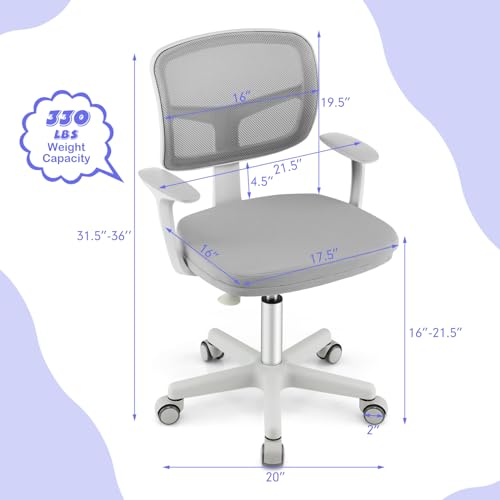 Kids Desk Chair, Adjustable Children Study Computer Chair with Arms & Wheels, Student Swivel Rolling Task Chair, Ergonomic Kids Office Chair for Boys Girls Age 4-12, Home Bedroom School, Grey - view 3