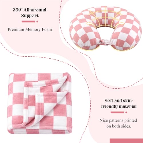 5 Pcs Travel Pillow Blanket Set, Airplane,Checkered,Pink - view 4