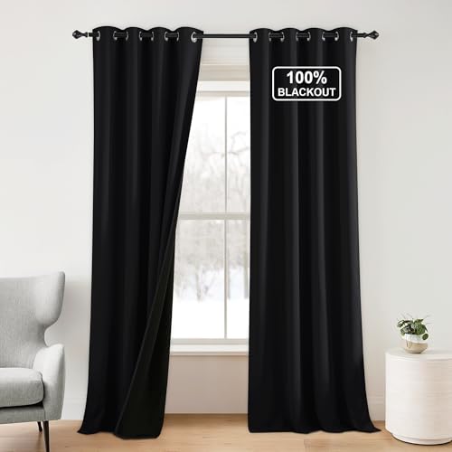 Black 100% Blackout Curtains for Living Room 2 Panels Set