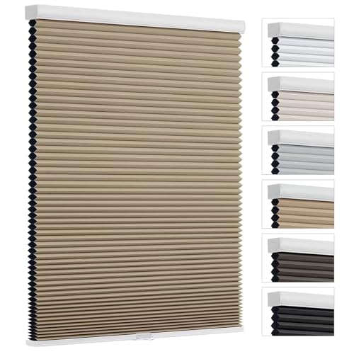 Cellular Shades Door Window Blinds Cordless Blackout, Honeycomb Blind Accordion Shade Room Darkening Indoor Pleated 1.5" Cell Easy to Install, Shade Size 31.5" Width×64" Height, Brown