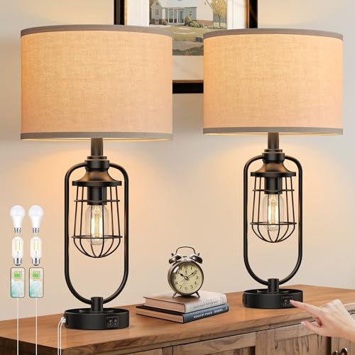 24" Farmhouse Black Table Lamps Set of 2 for Living Room, USB A+C