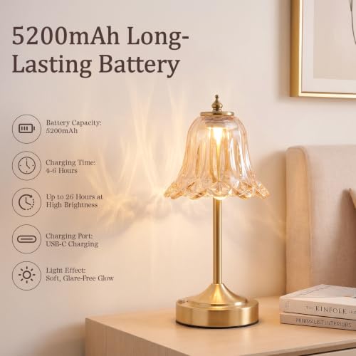 Cordless Table Lamp, Rechargeable Amber Glass Tulip Flower Touch Lamp - view 4
