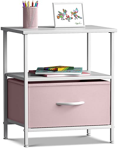 1 Drawer Shelf Storage Nightstand - Kids Bedside Furniture End Table Night Stand with Steel Frame Wood Top & Easy Pull Fabric Bins. Dresser & Chest for Home Bedroom Accessories Office & College