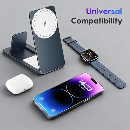 3-in-1 Wireless Charging Station, Foldable Magnetic Charger Stand Compatible with iPhone, Apple Watch, Apple Earphone, 15W Fast Charging, Portable Travel Dock - view 2