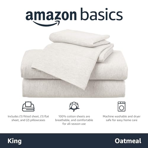 4 Piece Bed Sheets Set, 100% Cotton Jersey, Includes Super Soft, Flat and Fitted Sheets, Pillowcase, King, Oatmeal, Solid - view 3