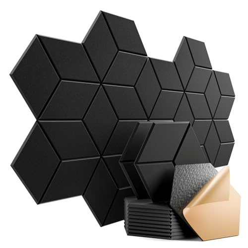 12 Pack Self-Adhesive Acoustic Panels 12" X 10" X 0.4" - Sound Proof Foam Panels for Walls with High Density, Y-Lined Design, Flame Resistant, Absorb Noise and Eliminate Echoes(Black)