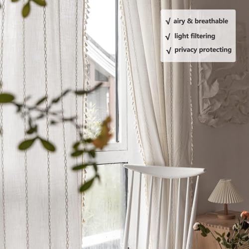 Boho Curtains Semi-Blackout 84 Inch 2 Panels for Living Room, Linen Tassels Farmhouse Curtains with Embroidery for Bedroom Rod Pocket Draperies 52" W x 84" L, Off White - view 4