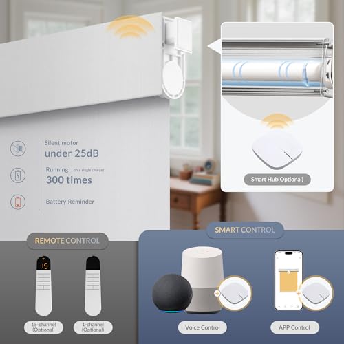 Motorized Roller Blinds with Remote, No Drill Smart Roller Shades for Indoor Windows, Blackout Linen Fabric Rechargeable Electric Blinds for Home, Office, Linen White, Custom Size - view 4
