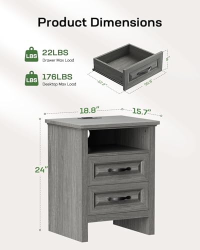 Nightstand Set of 2, Night Stand with Charging Station, Farmhouse Bedside Table with 2 Drawers, Open Shelf, Rustic End Table Storage Cabinet for Bedroom, Dark Gray - view 2