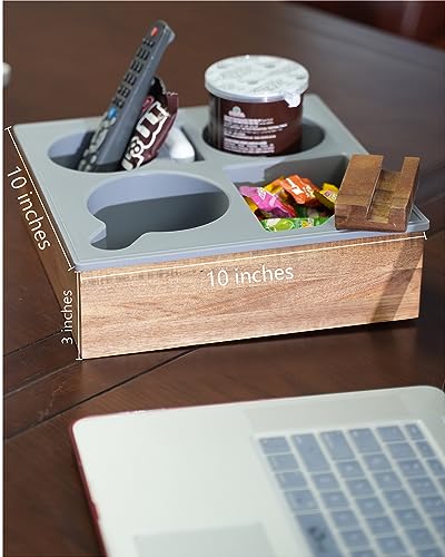 Couch Cup Holder Tray, Handy Soft Silicone Acacia Wooden Couch Caddy for Bed Car Seat Beach Organizer, Waterproof Anti-Spill Sofa Cup Holder for Snacks Beverage Remote (White) - view 5