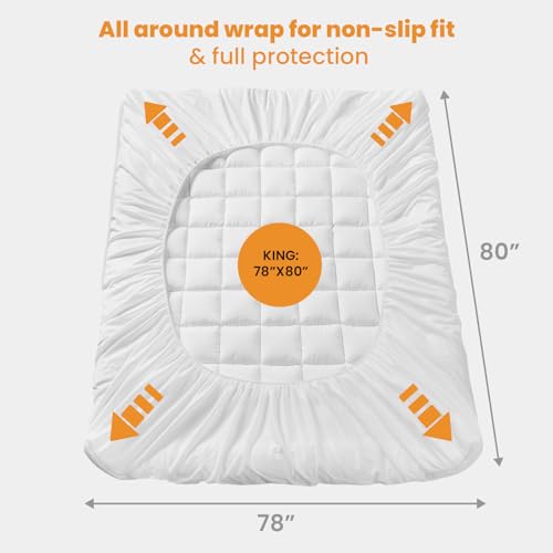 King Size Mattress Pad - Cooling Breathable Mattress Topper, Quilted Fitted Mattress Protector, Pillow Top Mattress Cover with 8-21" Deep Pocket, Soft, Machine Washable, White, 78x80 Inches - view 5