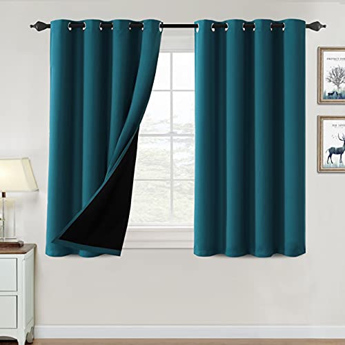100% Blackout Curtains for Bedroom Thermal Insulated Blackout Curtains 45 inch Length Heat and Full Light Blocking Curtains for Living Room with Black Liner 2 Panels Set, Dark Teal