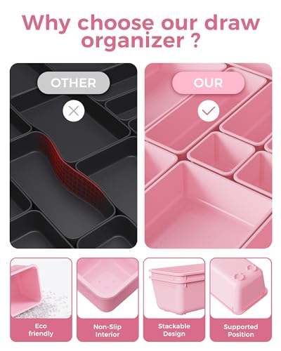 25 PCS Plastic Drawer Organizers Set, 4-Sizes Vanity and Makeup Organizer, Desk and bathroom Drawer Organizer Trays, Organizers and Storage for Makeup, Jewelry, Gadgets, Utensils (Pink) - view 5