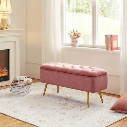 Storage Ottoman Bench for Bedroom, Velvet End of Bed Bench, Pink - view 6
