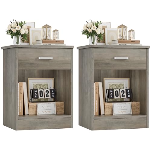 Nightstand Set of 2 with Drawer and Storage Shelf