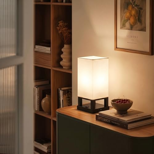 Maxwell Bedside Lamp with USB Port – Compact Table Lamp for Bedroom, Living Room - Modern Asian Nightstand Lamp with Wood Frame - LED Bulb, Soft Light - Black - view 6