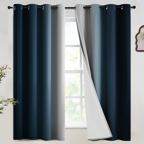 Ombre Navy Blue 100% Blackout Bedroom Curtains White Liner 63L