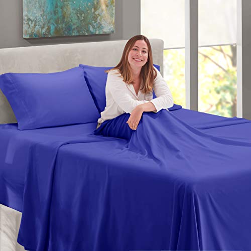Bed Linen Set, Royal Blue, Deep Pocket King Size Sheets, 4 Piece Set - view 6