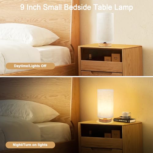 Small Bedside Table Lamp for Bedroom set of 2,Minimalist Wood Base & Round Fabric Shade,Mini Cute Cozy Warm Nightstand Boho Lamp set, Study Desk Night Stand Light for Room, Dorm,Nursery,Living Room - view 5