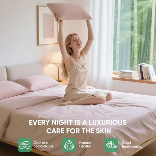 Real 100% Viscose Derived from Bamboo Sheets Set Queen Size, Cooling & Silky Soft for Hot Sleeper, Breathable & Moisture Wicking Fabric, 18" Deep Pocket with Corner Straps (Sand, Queen) - view 3