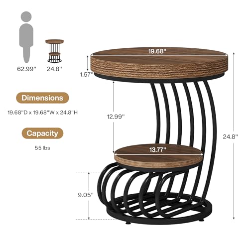 Round End Table, 2-Tier Farmhose Wood Side Table with Shelf Storage, Small Sofa Side Bedside Nightstand, Arc-Shaped Frame Accent Furniture for Living Room, Light Brown - view 2