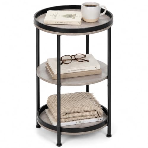Side Table, Round End Table with 3 Storage Shelves for Living Room, Bedroom, Nightstand with Steel Frame for Small Spaces, Industrial Round Sofa Table, Outdoor Accent Coffee Table, Oak