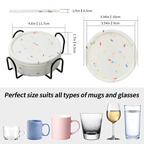 Silicone Coaster with Holder, Cute Drink Coasters for Nightstand, Soft Cup Coasters for Drinks, Desk Coasters in Office, Patio, Rubber Coaster Set, 6 pcs, Sprinkle Coasters，White, Not Glow. - view 2