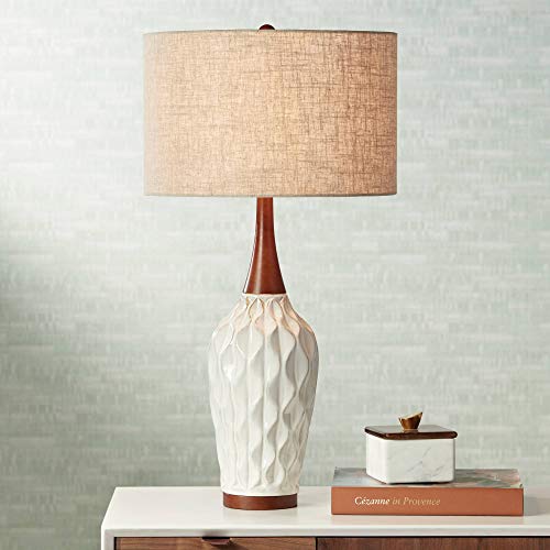 Rocco 30" Large Table Lamp White Ceramic Wooden Geometric Wave Oak