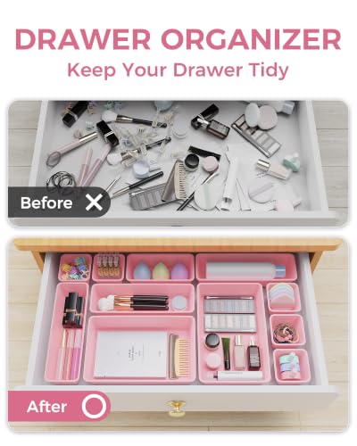 25 PCS Plastic Drawer Organizers Set, 4-Sizes Vanity and Makeup Organizer, Desk and bathroom Drawer Organizer Trays, Organizers and Storage for Makeup, Jewelry, Gadgets, Utensils (Pink) - view 4