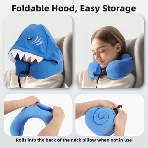 Privacy-Friendly Hooded Travel Pillow for Kids & Adults, Sensory-Friendly, Memory Foam Neck Support for Airplane, Car & Train, Breathable Fabric, Portable, Ultimate Comfort Shark - view 4