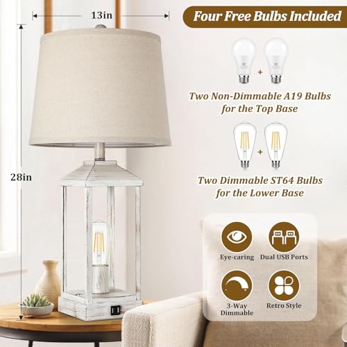 28" Farmhouse Table Lamps for Living Room Set of 2, 3-Way Dimmable Bedside Lamp with USB Ports, White Rustic Touch Control Nightstand Lamps for Bedroom, Modern Desk Lamp for Office, 4 Bulbs Included - view 5