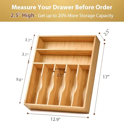 Bamboo Kitchen Drawer Organizer, 13 Inch Silverware Utensil Tray Holder, Extra Deep Grooved Drawer Divider, 7 Slots Total Bamboo Wood Caddy for Flatware Cutlery Knives, Forks, Spoons - view 3