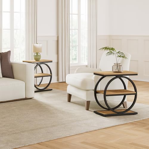 End Table Set 2, Side Table with 3-Tier Storage Shelves, Small Sofa Side Table for Living Room, Wooden Side End Table with Double Round Metal Legs, Slim Nightstand and Bedside Table, Oak - view 7