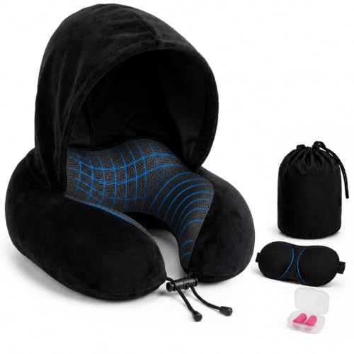 Travel Neck pillow for Airplane, with Large Hood Eye Mask Earplug and Bag